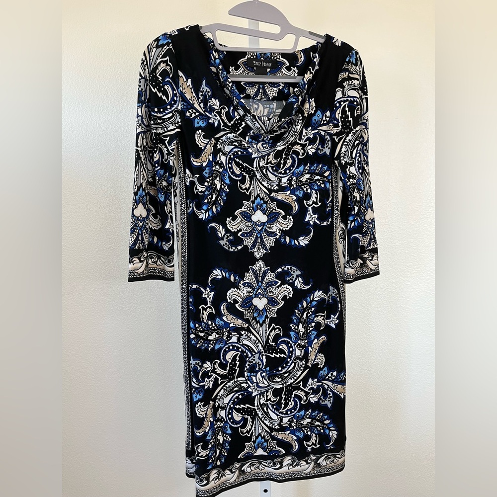 White House Black Market Black and Blue Patterned Dress